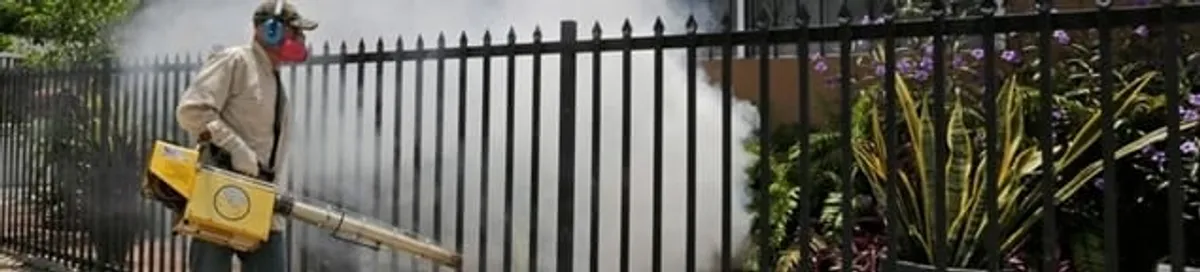Mosquito control technician fogging a yard perimeter for mosquito reduction in Las Vegas, NV